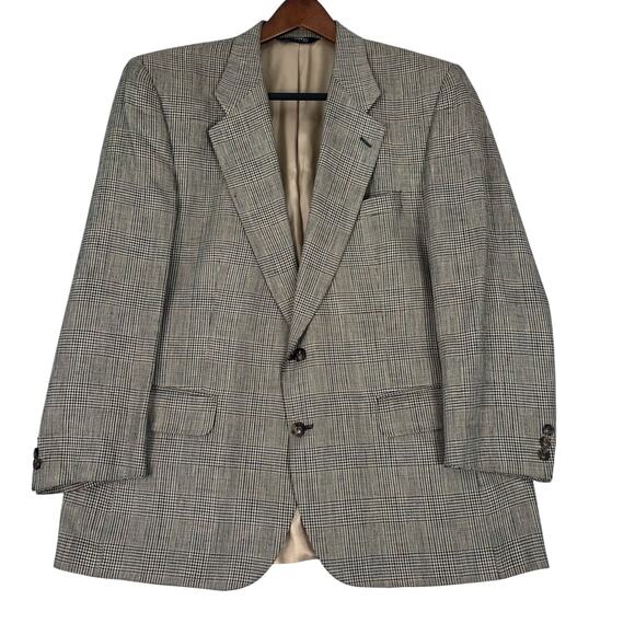 Vintage Burberry Silk Blazer Sport Coat Mens 44 Houndstooth Windowpane Tan - Picture 1 of 13